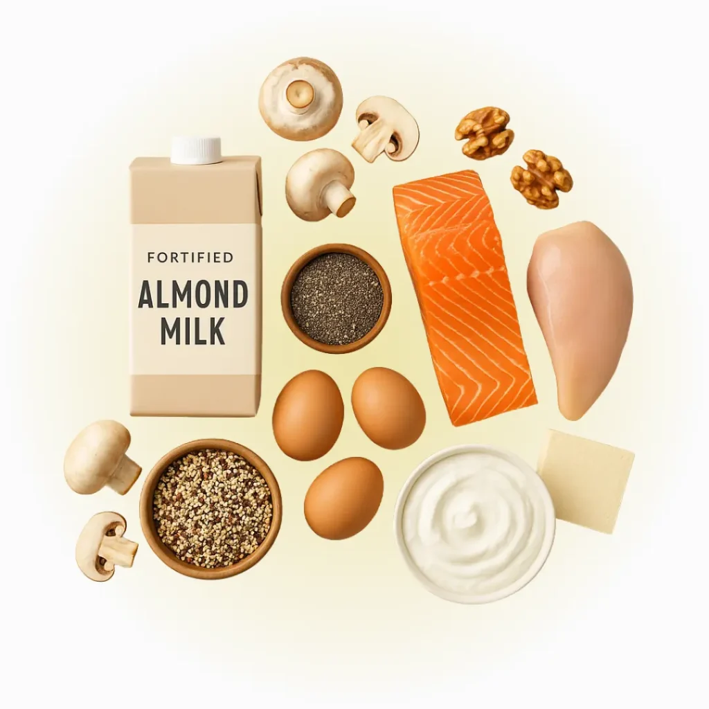 Flat-lay of colorful whole foods; labels point to “vitamin D-fortified,” “omega-3 rich,” “high-protein.