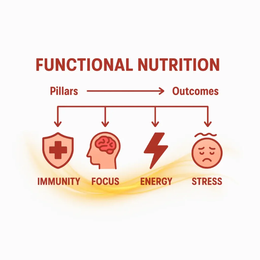  Pillars → Outcomes (Immunity, Focus, Energy, Stress).