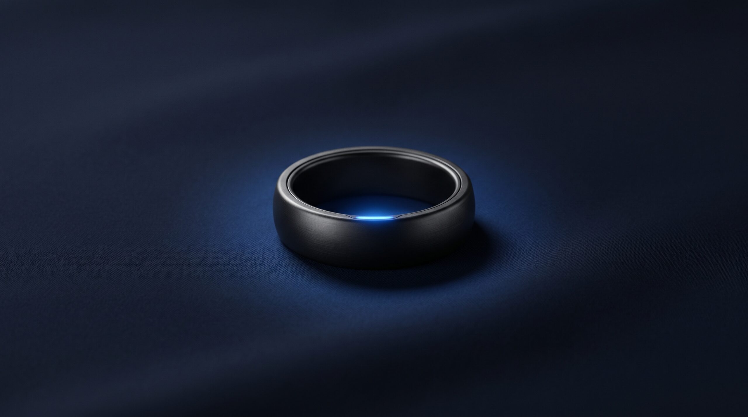 Samsung Galaxy Ring in matte black with a glowing blue indicator, displayed on deep blue fabric
