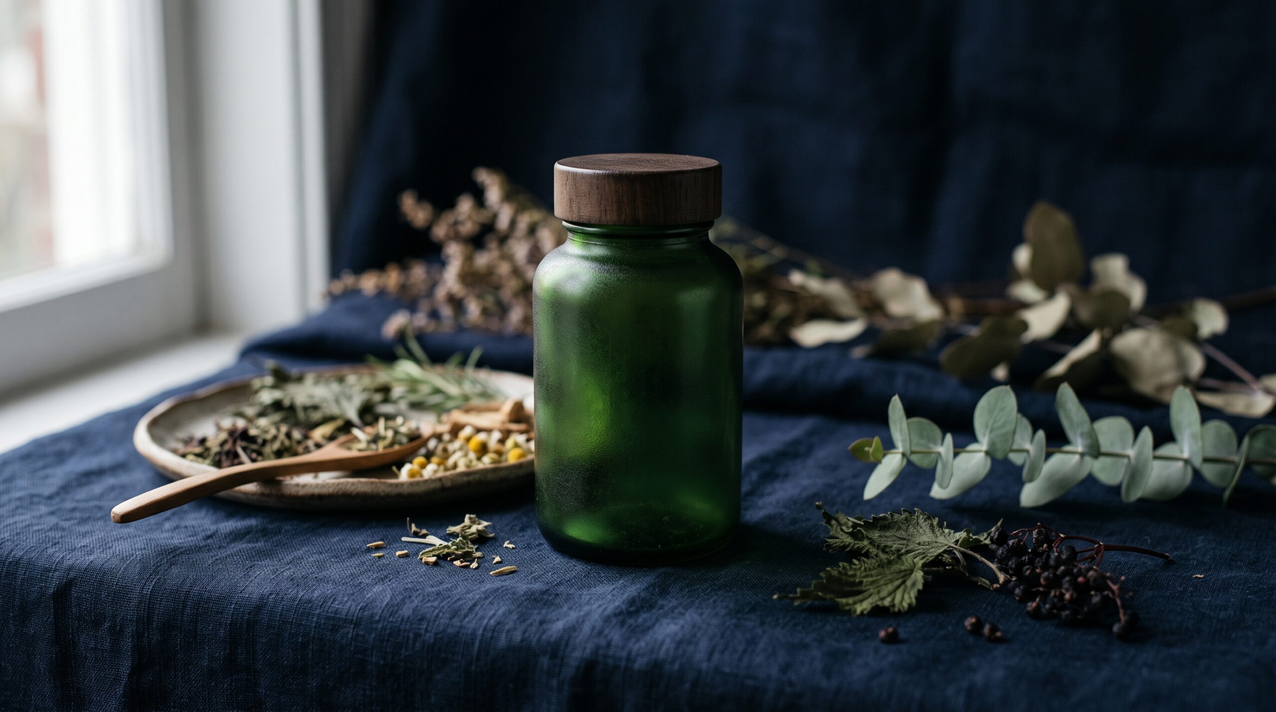 Green glass apothecary bottle with wooden cap on navy linen, surrounded by dried herbs, eucalyptus, and elderberries near a window