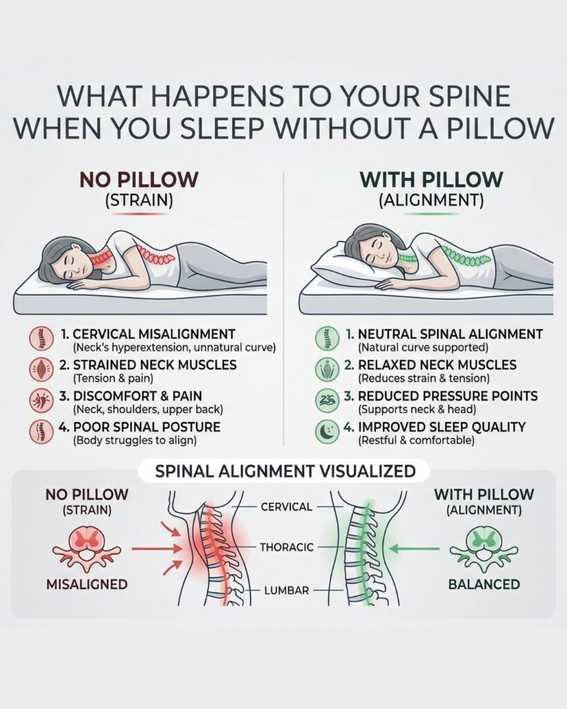 nformative infographic comparing the effects of sleeping without a pillow versus with a pillow on human spinal alignment. The top section shows a person sleeping on their side in two scenarios.

The "No Pillow (Strain)" side illustrates bad spinal posture, featuring red highlights on a bent cervical spine. It lists four negative effects: cervical misalignment (neck hyperextension), strained neck muscles, discomfort and pain in the neck and shoulders, and poor spinal posture.

The "With Pillow (Alignment)" side illustrates good spinal posture, featuring green highlights on a straight cervical spine supported by a pillow. It lists four positive effects: neutral spinal alignment (natural curve supported), relaxed neck muscles, reduced pressure points on the head and neck, and improved sleep quality.

The bottom section, "Spinal Alignment Visualized," shows a detailed anatomical diagram of the human spine (labeled with Cervical, Thoracic, and Lumbar regions). It contrasts a "Misaligned" spine with a strained, curved cervical structure, highlighted in red, against a "Balanced" spine with proper support and green highlights.