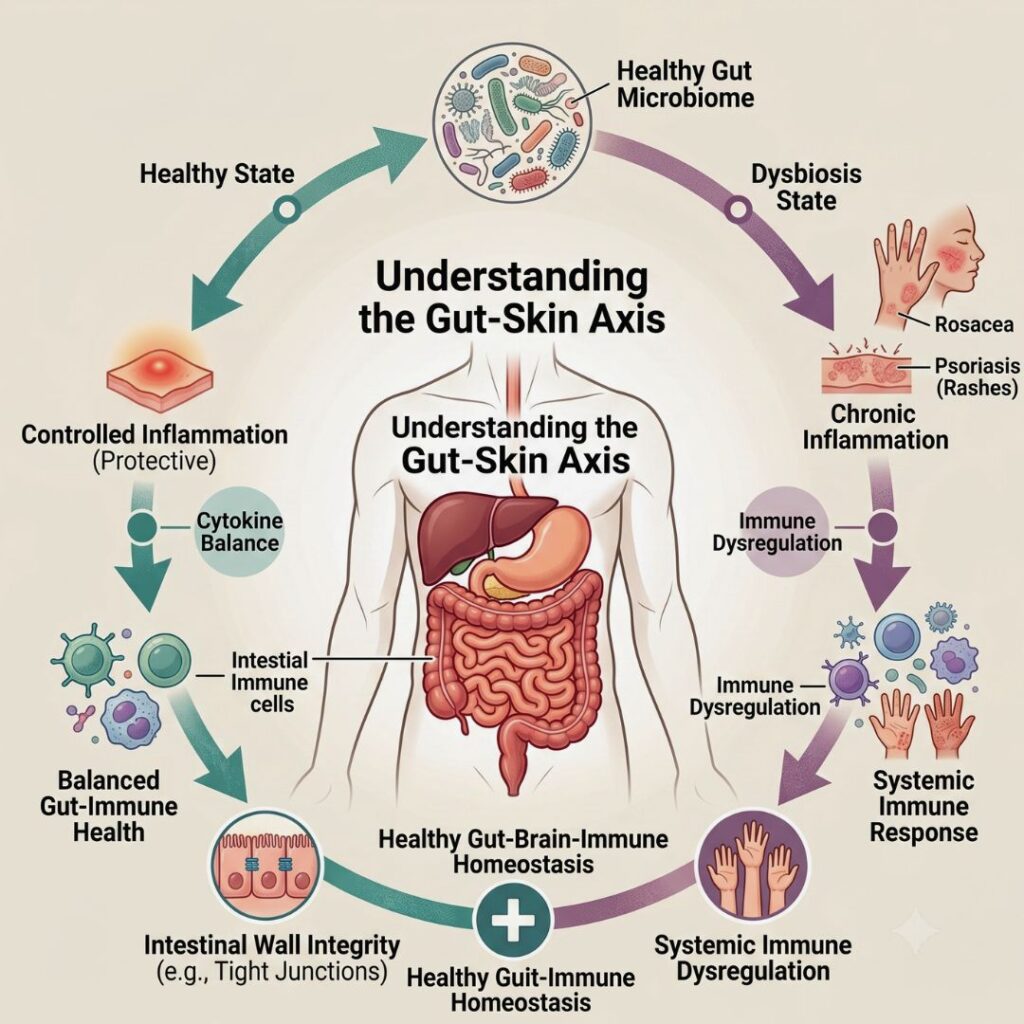 An educational medical infographic titled "Understanding the Gut-Skin Axis" comparing a healthy physiological loop with a dysregulated state. 

In the center is a detailed anatomical illustration of a human torso showcasing the digestive system, including the liver, stomach, and small and large intestines. Surrounding this central figure is a circular, split-path flow chart.

The left side represents the "Healthy State" in a teal color palette:
- It begins at the top with a circle showing a "Healthy Gut Microbiome" filled with diverse bacteria.
- An arrow points down to a skin layer graphic labeled "Controlled Inflammation (Protective)" and "Cytokine Balance."
- It continues down to a group of specialized cells labeled "Intestinal Immune Cells" and "Balanced Gut-Immune Health."
- It finishes at the bottom with a diagram of a healthy intestinal lining labeled "Intestinal Wall Integrity (e.g., Tight Junctions)" leading to a central node at the bottom labeled "Healthy Gut-Immune Homeostasis."

The right side represents the "Dysbiosis State" in a purple color palette:
- It branches from the top microbiome circle down toward an illustration of a face and hand showing red skin irritation, labeled "Rosacea" and "Psoriasis (Rashes)" under the header "Chronic Inflammation."
- An arrow leads down to an illustration of irregular immune cells labeled "Immune Dysregulation."
- It continues down to a graphic of inflamed hands labeled "Systemic Immune Response" and "Systemic Immune Dysregulation."

A small disclaimer at the bottom right reads: "*Illustration not to scale. Consult a healthcare provider."
