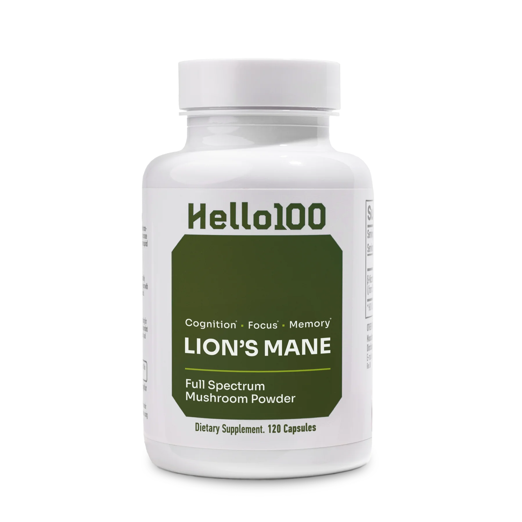 Hello100 Lion's Mane supplement bottle — studio shot
