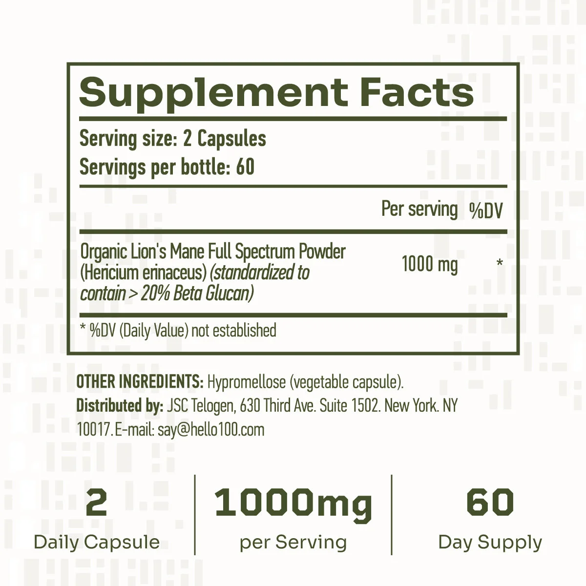 Hello100 Lion's Mane supplement facts panel — full label showing 500mg serving, beta-glucans over 20 percent