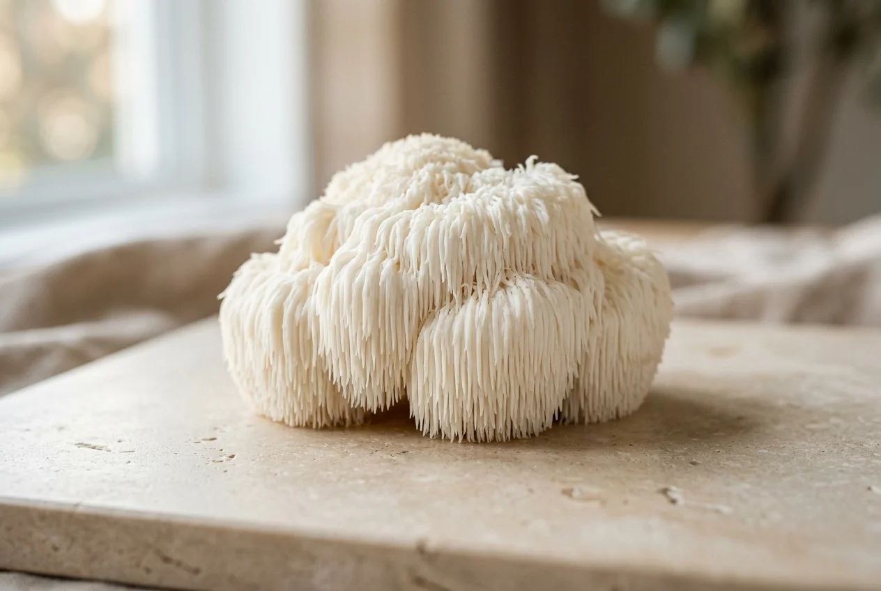 Fresh Lion's Mane mushroom (Hericium erinaceus) specimen showing characteristic cascading spines
