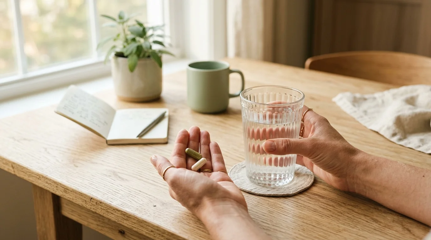 Morning supplement routine — capsules and glass of water on wooden table